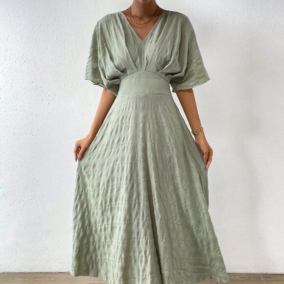 Mint Green Casual Women's Solid Batwing Sleeve A-line Dress - Picture 1 of 5